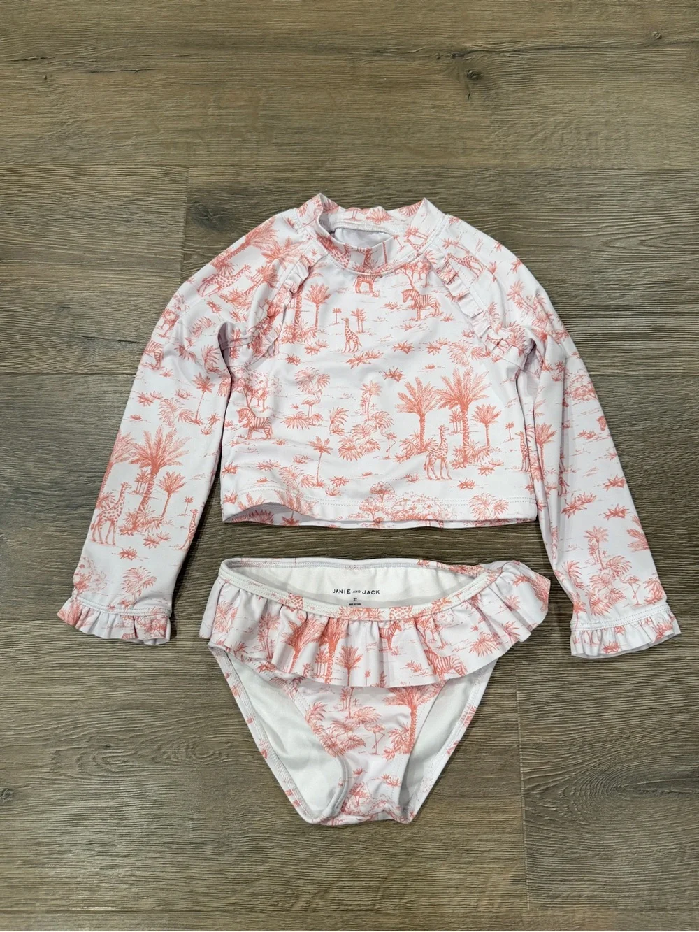 Janie & Jack Rashguard Shirt & Bottoms Ruffle Swimsuit Safari Animals Pink White